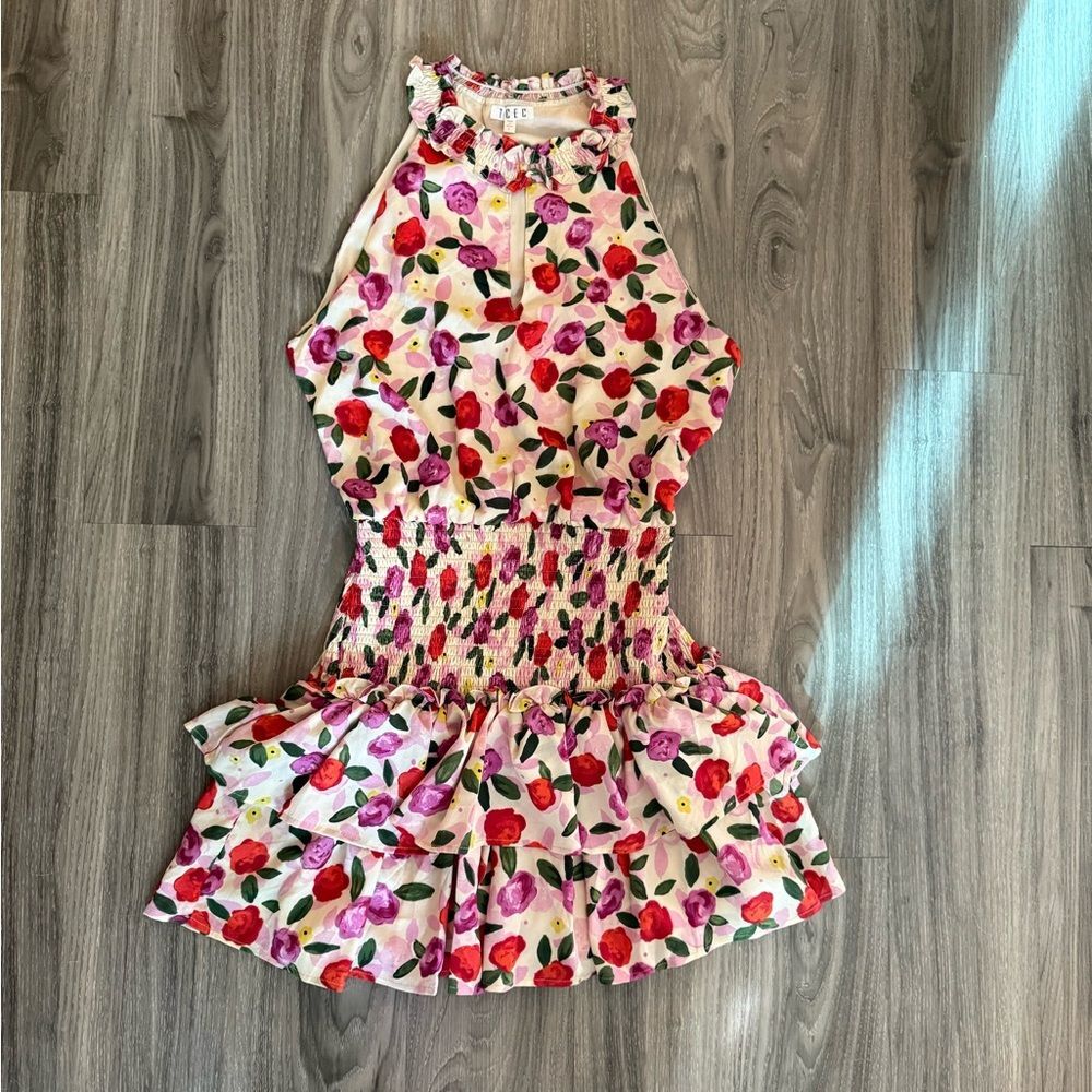TCEC floral print high neck keyhole mini ruffle dress L